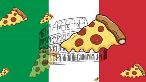 múltiples iconos de rebanadas de pizza sobre el coliseo contra la bandera de italia en el fondo