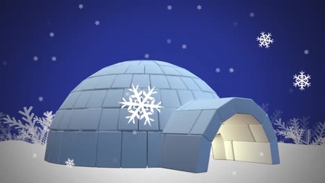 Animation-Von-Schnee,-Der-über-Ein-Iglu-Auf-Blauem-Hintergrund-Fällt