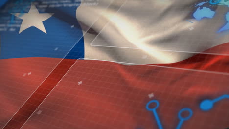 animation of financial data processing over flag of chile