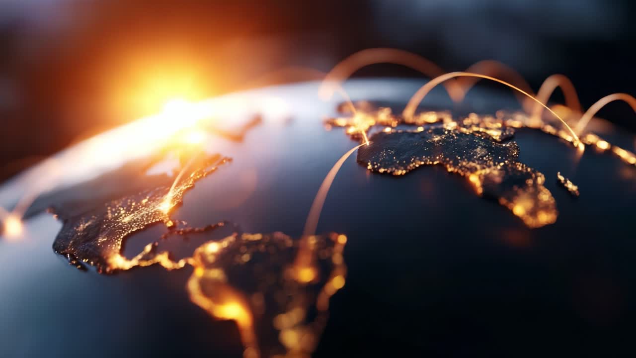A close-up view of a beautifully illuminated globe showcasing the intricate connections between continents, emphasizing global networking and the vital importance of international communication