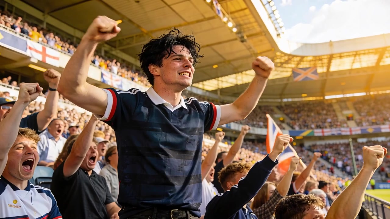 Aficionado animando con polo azul marino, levantando los puños y gritando tras una jugada en el campo en el estadio, con la bandera Union Jack ondeando.