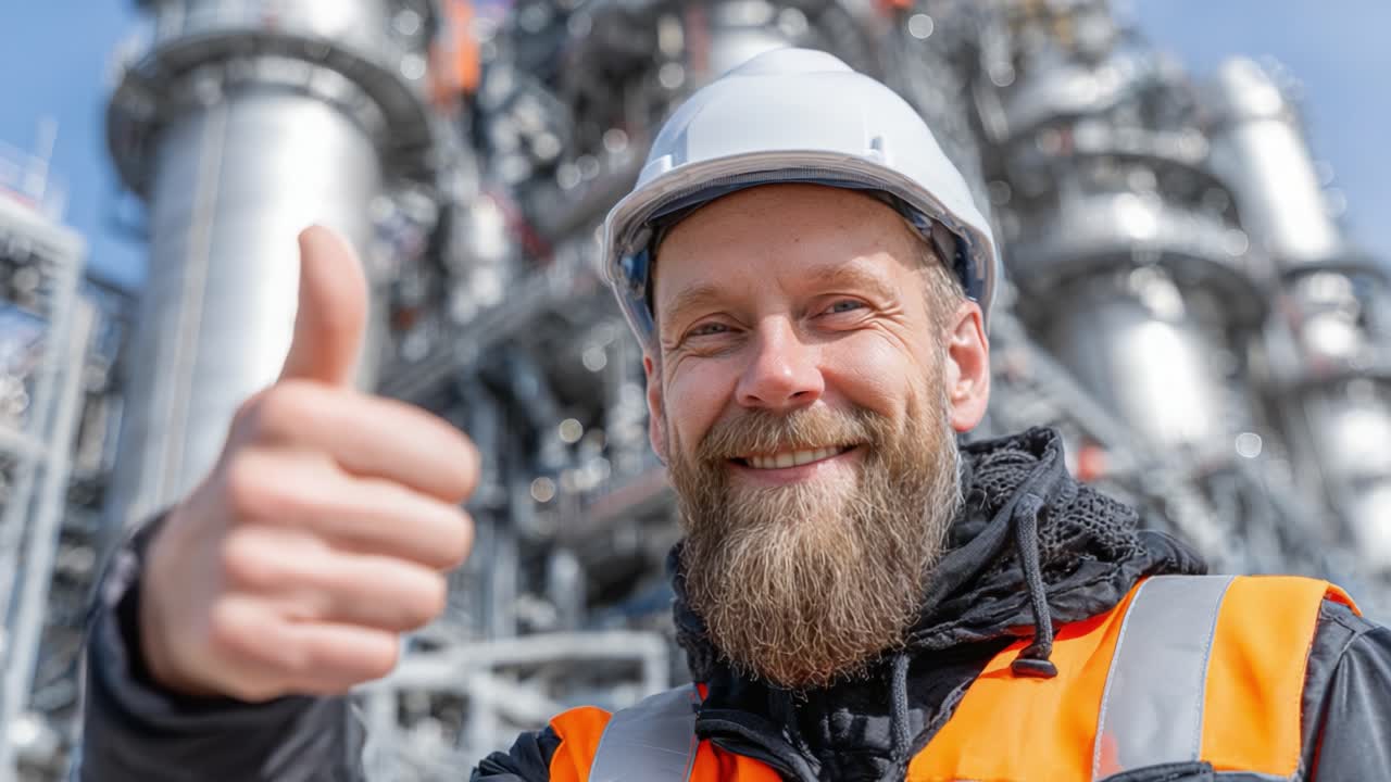 Een lachende arbeider in veiligheidsuitrusting steekt zijn duim op voor industriële machines, waarmee een positieve houding en veiligheid bij technische werkzaamheden worden benadrukt