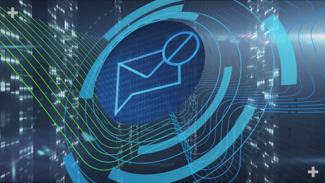 Animation of email icon in circle over servers and lines