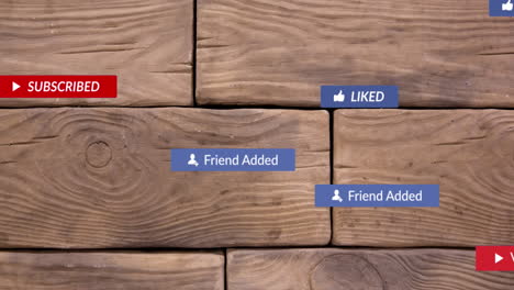 animación de iconos de las redes sociales flotando contra el fondo de la pared de ladrillo de madera.