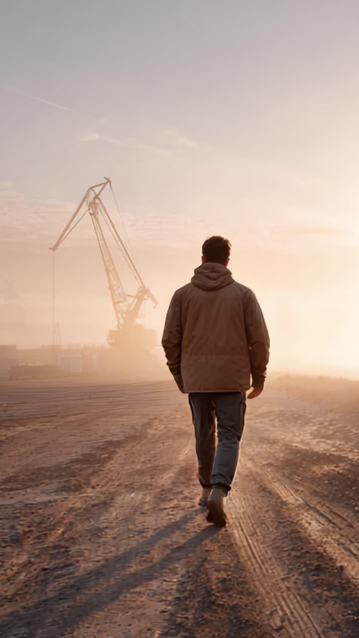 Una figura solitaria si allontana da macchinari edili all'alba, avvolta nella nebbia, catturando l'essenza del lavoro, della determinazione e della bellezza del primo mattino