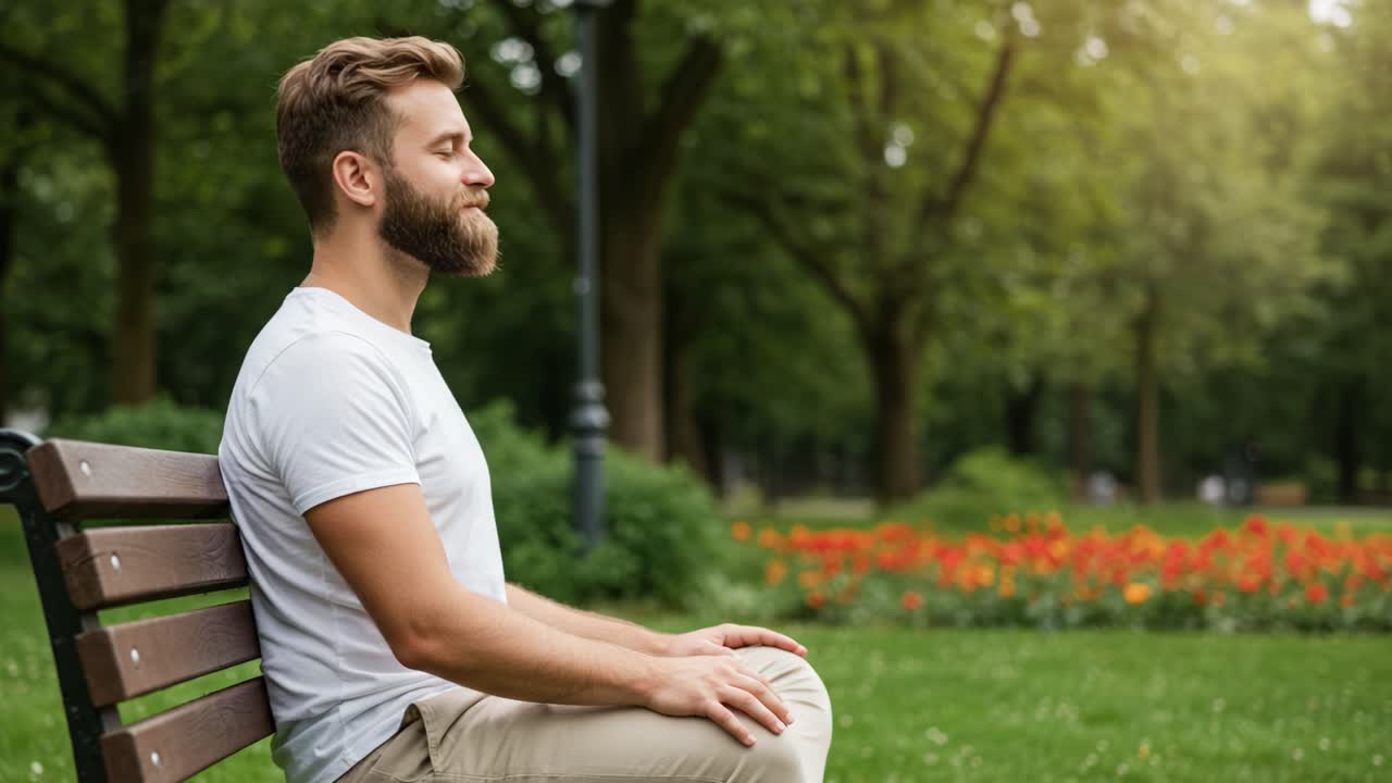A Moment of Tranquility: A Man in a Park Embracing Nature and Serenity While Seated on a Bench, Deep in Thought Amidst Vibrant Flowers and Lush Greenery