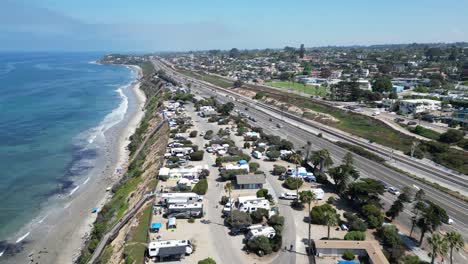 san elijo state beach, campground in encinitas, california aerial video