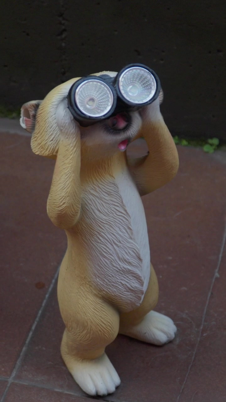 Gijon, Asturias, SpainClose-up of a cute meerkat figurine standing upright and looking through binoculars. Playful and quirky animal toy scene, perfect for humor, curiosity concepts, decoration.