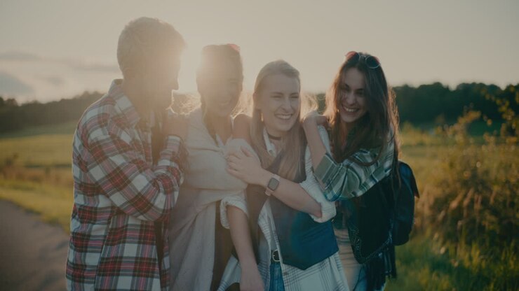 Amigas Alegres Abrazándose Cerca de un Prado