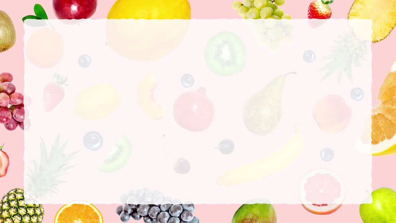 animación de video stop motion creativa de muchas frutas exóticas tropicales brillantes diferentes que aparecen y desaparecen rápidamente en un fondo de color rosa, pedazo de papel para el texto que aparece en el centro.