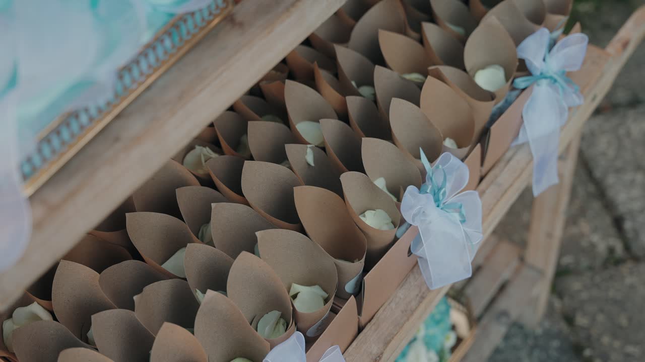 Conos de confeti de papel perfectamente colocados sobre una mesa rústica de madera