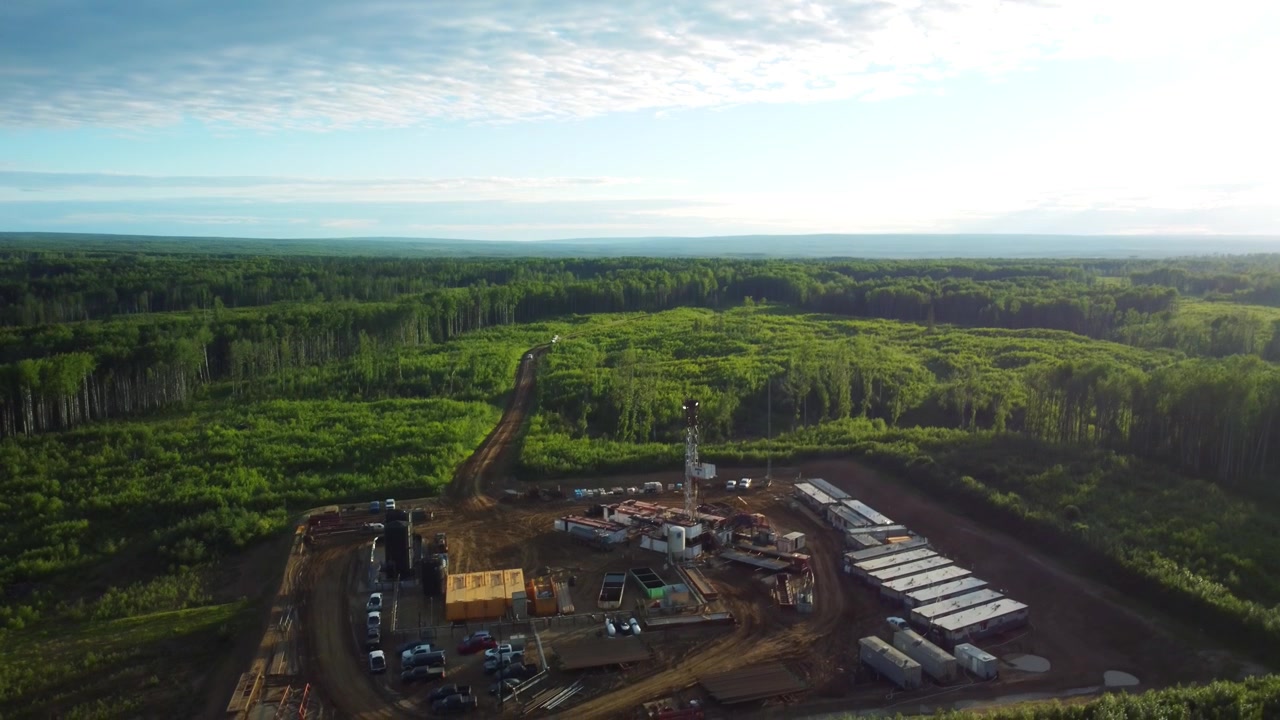 Descending Drone Shot of a Drilling Rig in the Prairies Near Marten Hills, Alberta, Canada