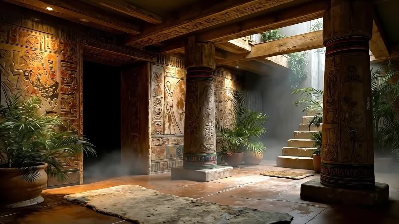 A room with a stone floor and pillars in it
