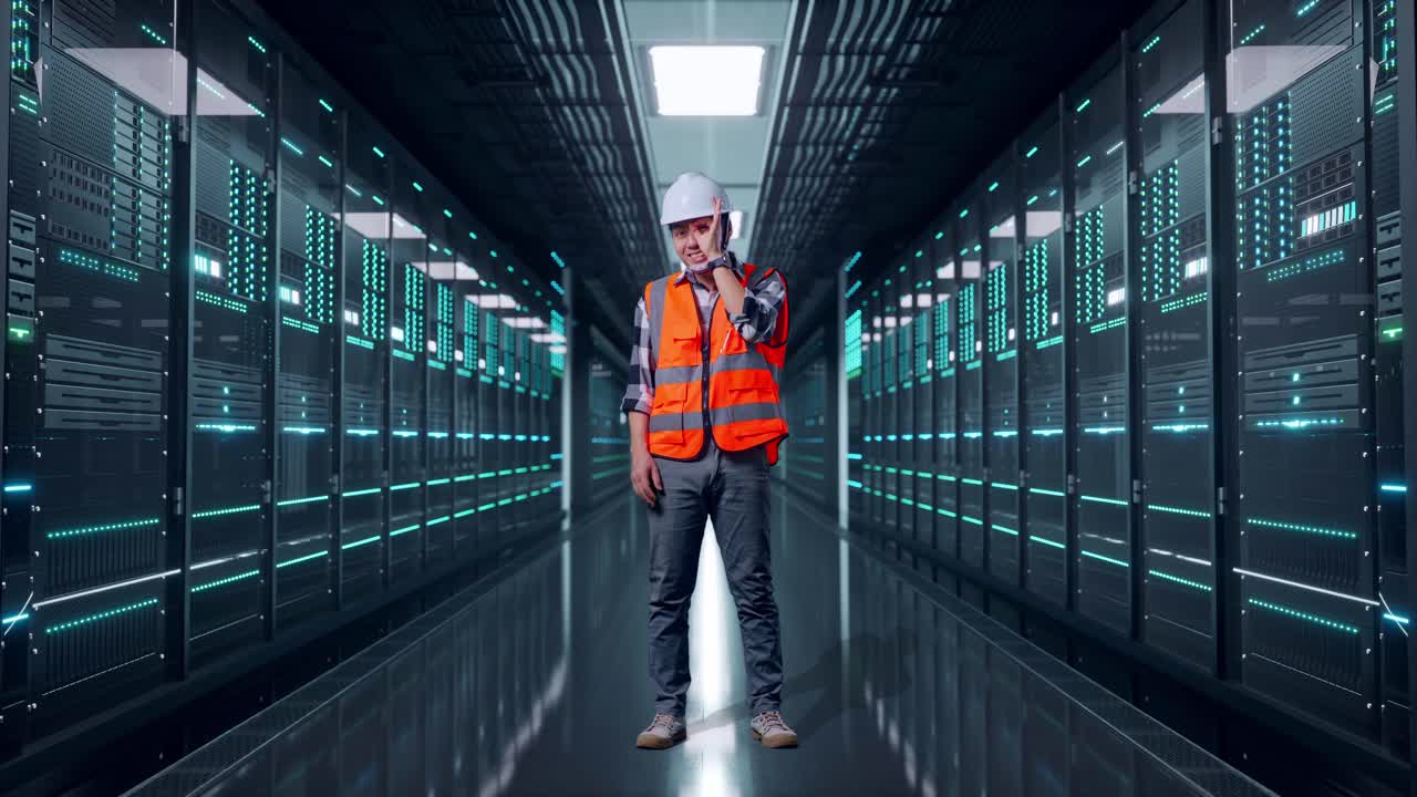 Full Body Of Asian Male Engineer With Safety Helmet Showing Ok Hand Sign Over Eye And Smiling To Camera While Standing in Server Room Data Center