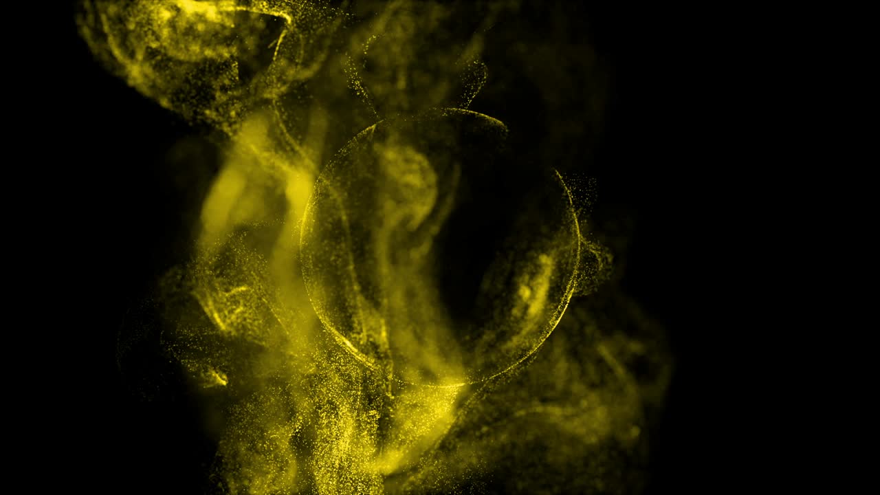 las partículas luminosas de 4k se mueven en el flujo líquido y tropezan con un campo de fuerza en el centro del cuadro que empujan las partículas, lugar para el texto o un logotipo. luma mate como canal alfa. amarillo