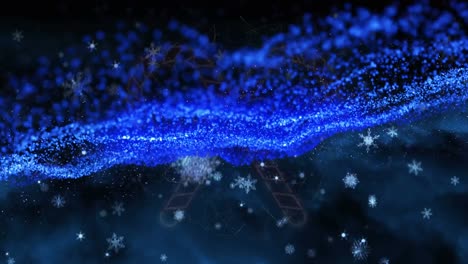 Animation-Von-Weihnachtlichen-Neon-Zuckerstangen-Und-Schnee,-Der-Auf-Blauen-Hintergrund-Fällt