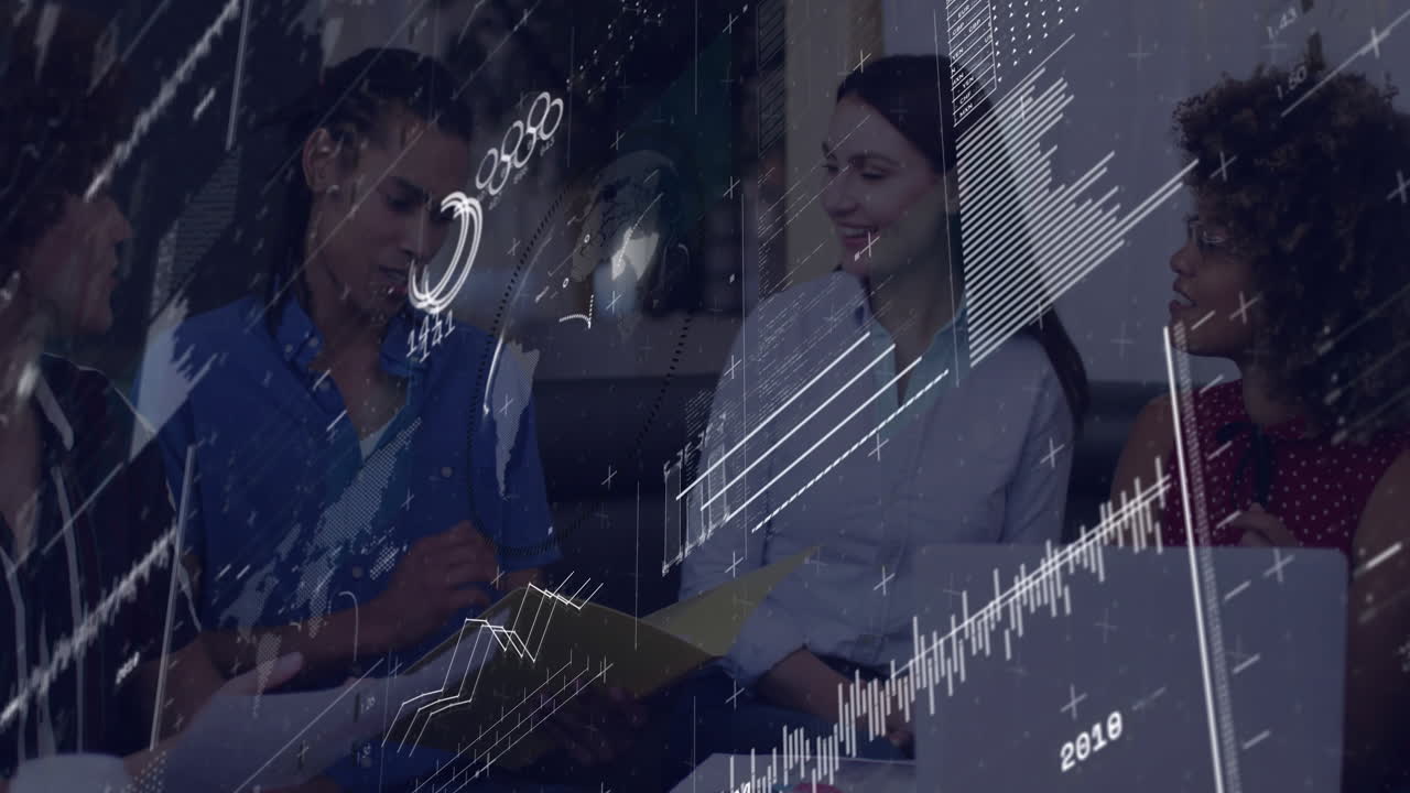 Four professionals reviewing yellow folder in business lounge with floating charts graphs and globe