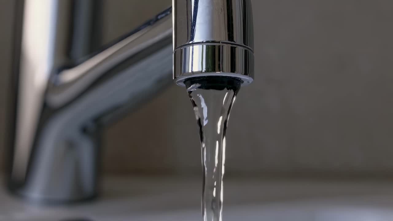 Close-up video angle of a modern chrome faucet with water flowing smoothly, highlighting the sleek