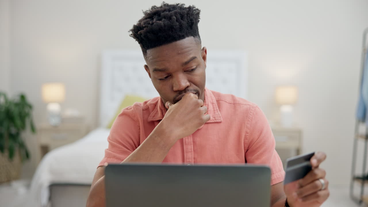 Online shopping, laptop and thinking with black