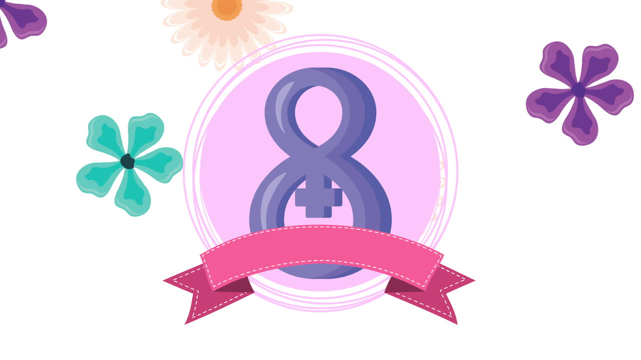 feliz día de la mujer animación con el número ocho y flores