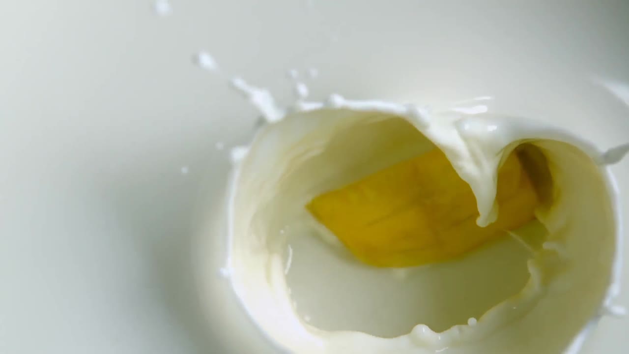 rebanada de fruta que cae en la leche 4k