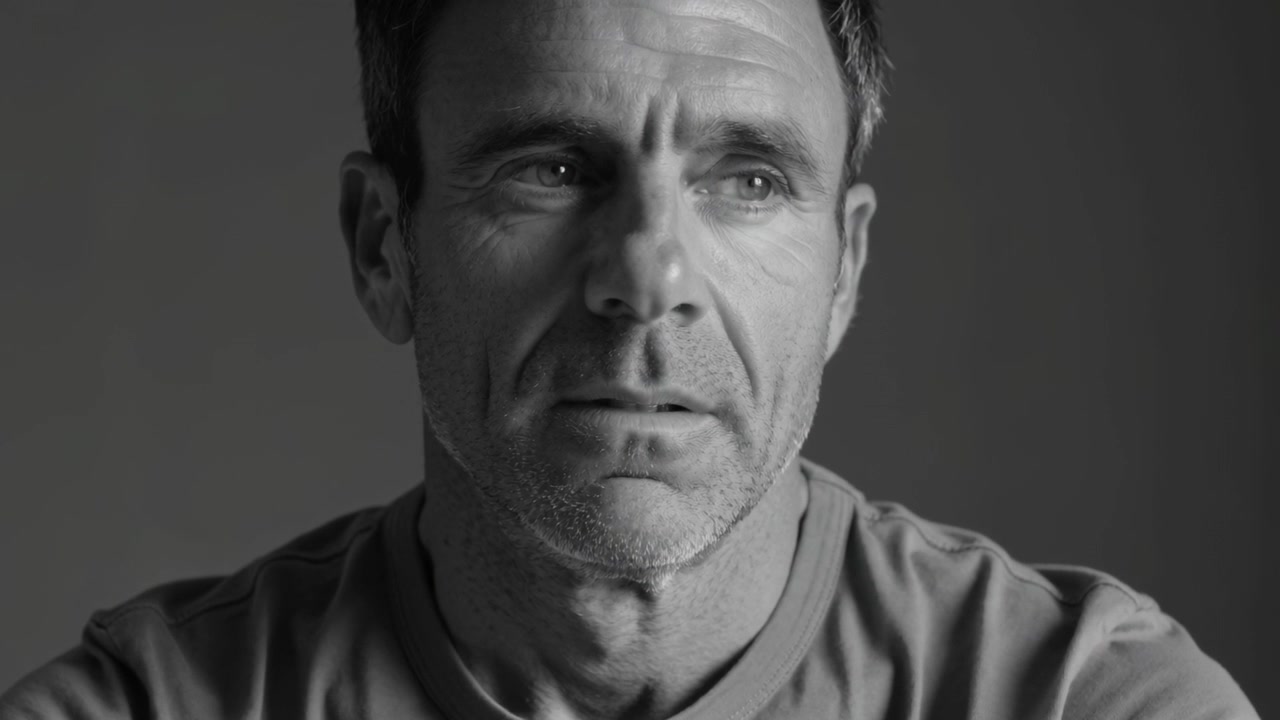 Hearing off-camera prompt, mid-40s man shifting gaze and forming reply in studio, crew-neck shirt