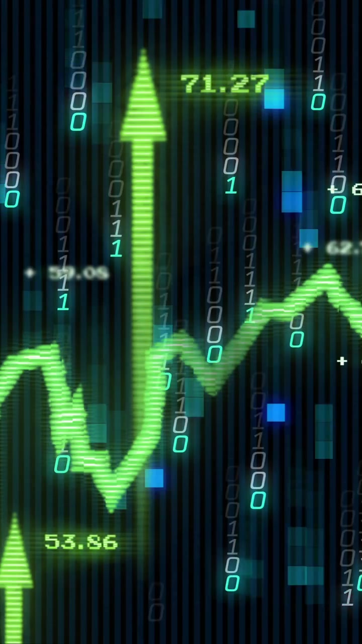 Animazione di codice binario ed elaborazione di dati finanziari.