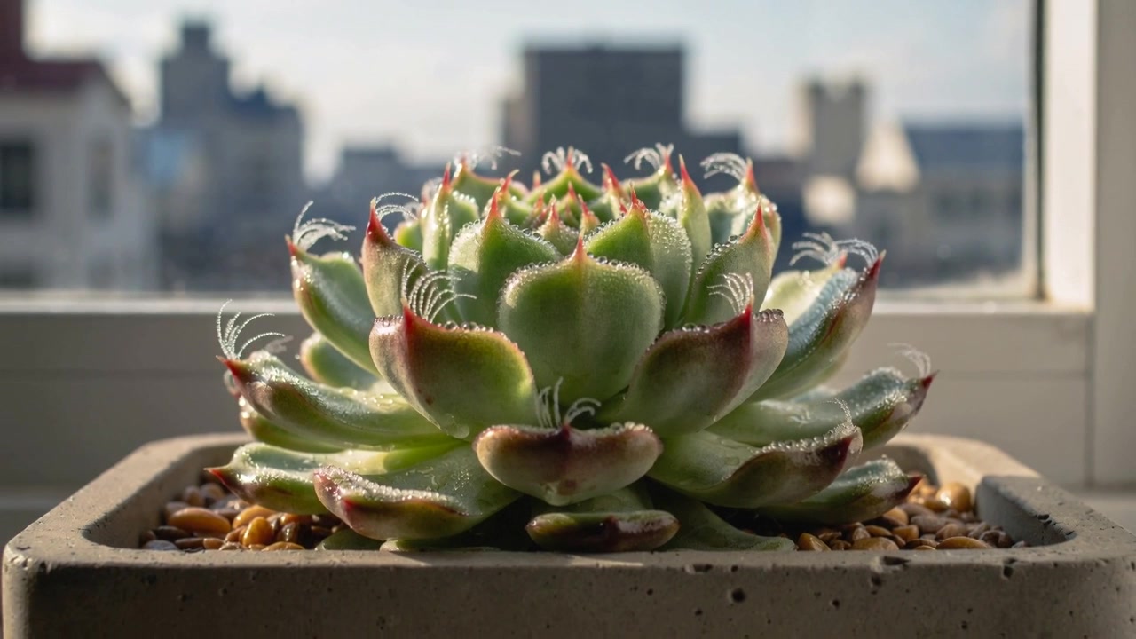 Luz solar mutável banhando roseta de suculenta em parapeito de janela, revelando orvalho e tricomas eretos.