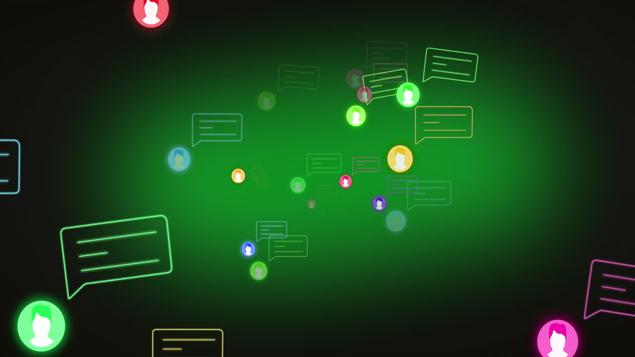 Animation of media icons and speech bubbles on green background