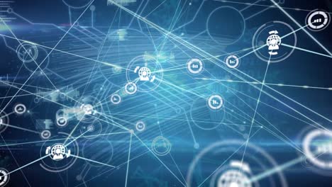 animation of connected icons and dots with lens flares, binary codes and circuit board pattern