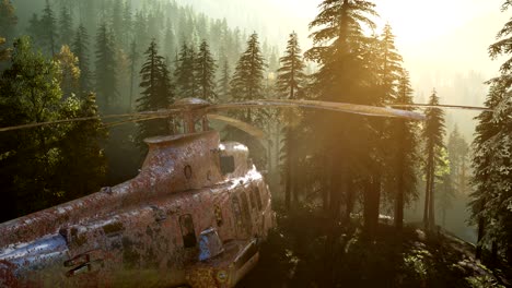 viejo helicóptero militar oxidado en el bosque de la montaña al amanecer