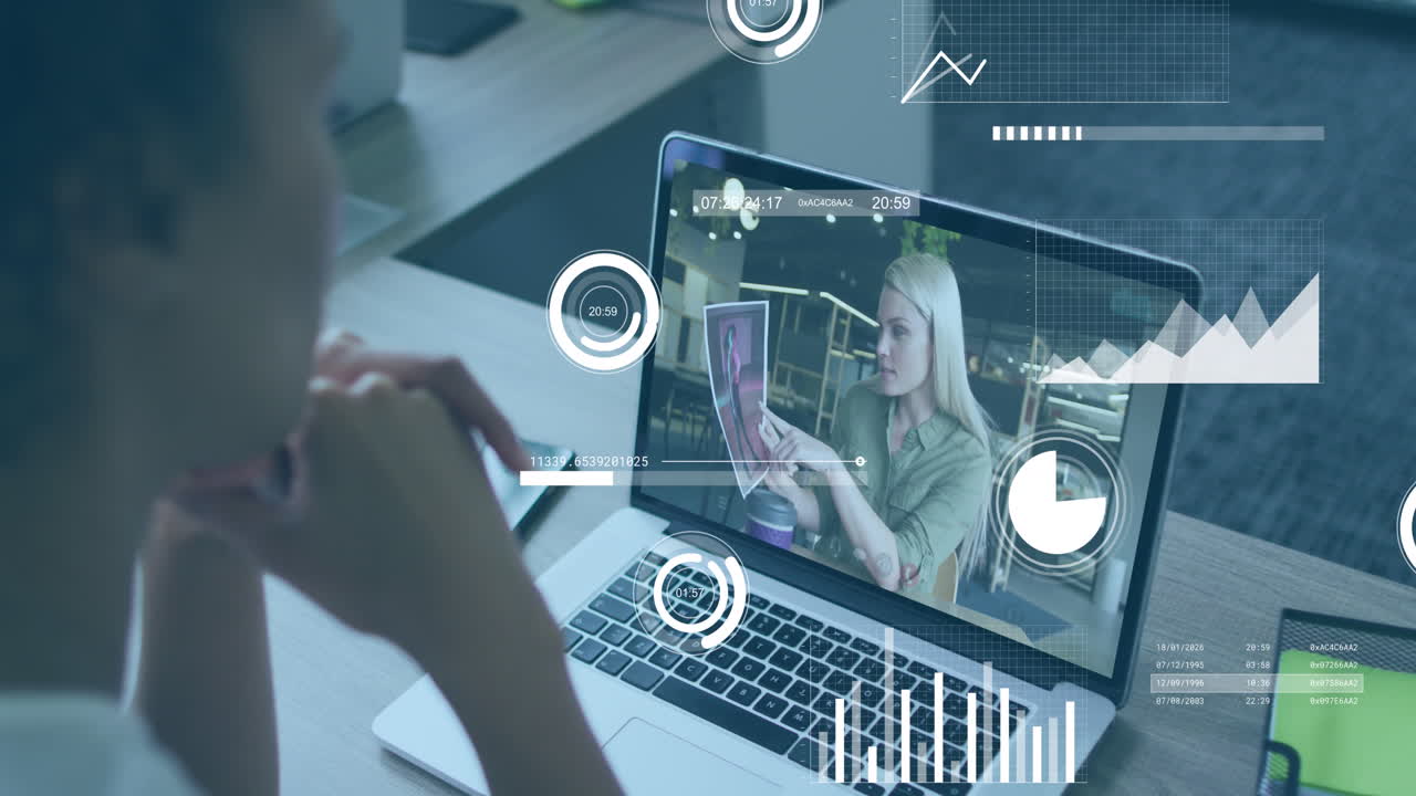 Animation of graphs, loading circles, diverse female coworkers discussing reports on video call