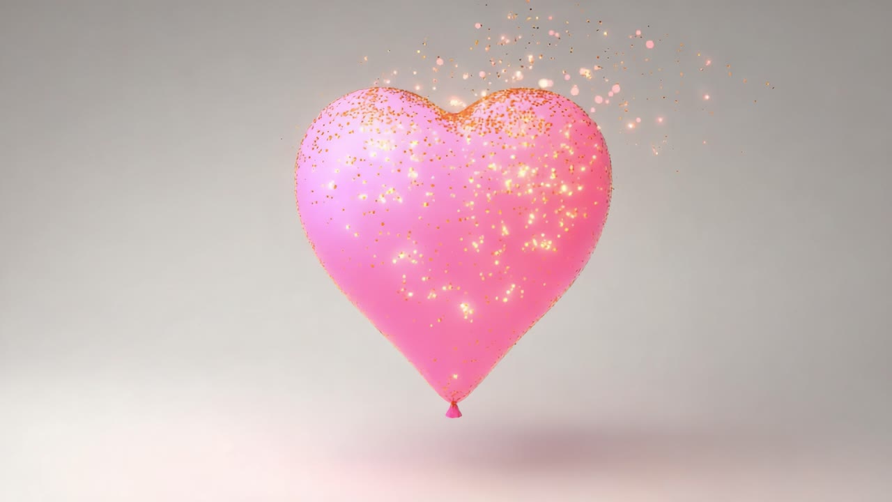 A captivating pink heart-shaped balloon floats gracefully against a neutral backdrop, adorned with sparkling golden glitter that adds a touch of magic and whimsy to the atmosphere