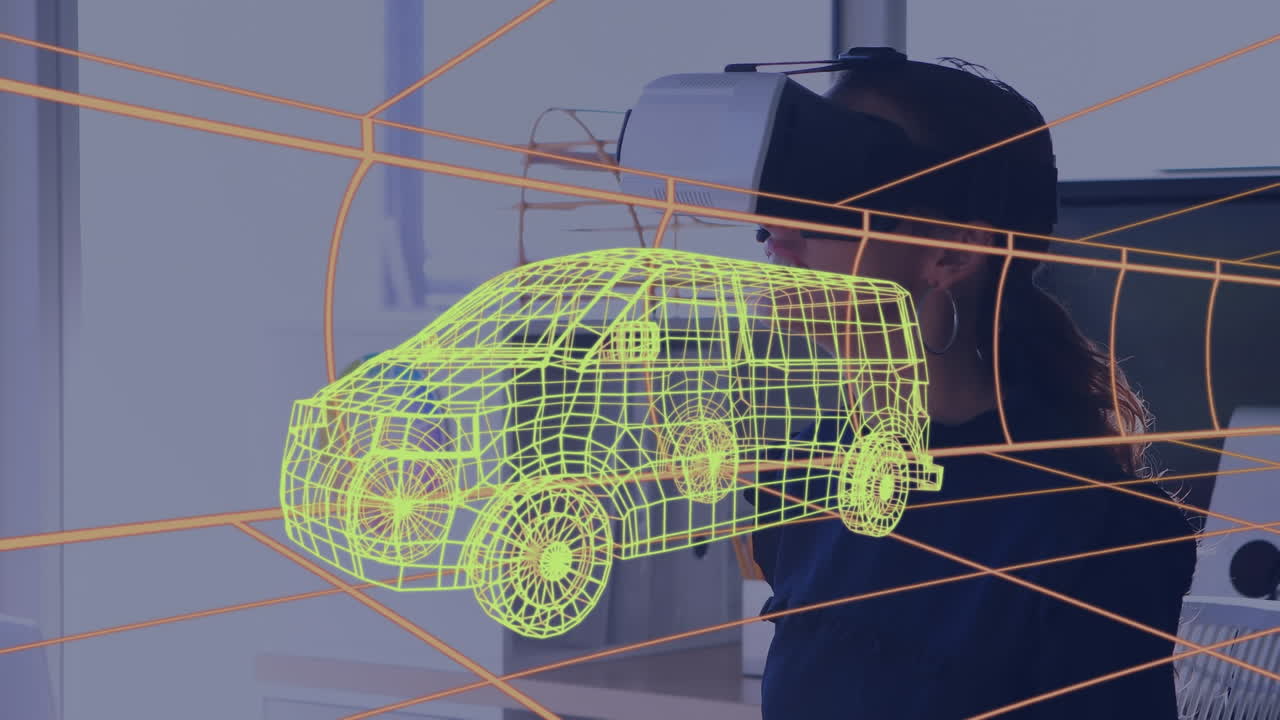 анимация цифрового 3d-рисунка машины над женщиной с помощью vr-гарнитуры