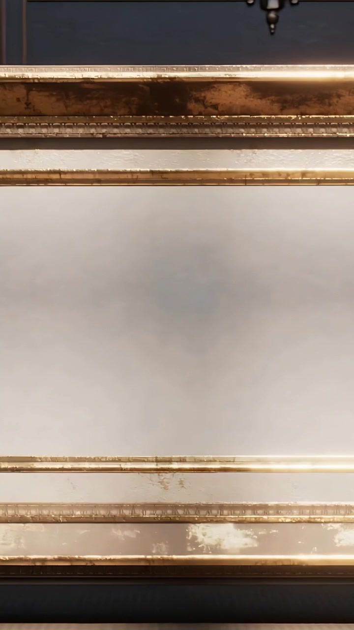 Vertical video: Showing framed panel, shadows moving after light shift at parlor wall, gilded rails