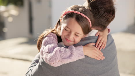 father, happy girl and hug in street