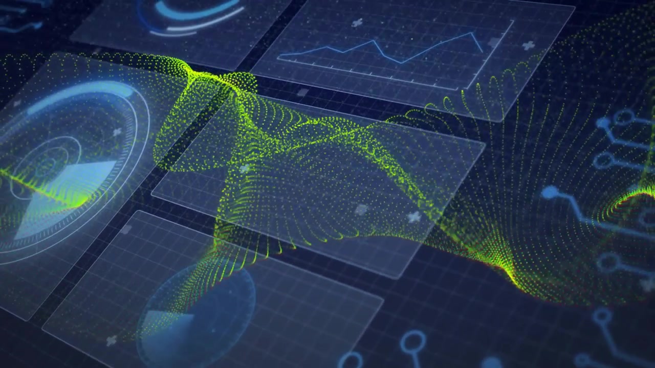 Neon-green wave forming from bottom-left sweeping across digital panels, highlighting data displays