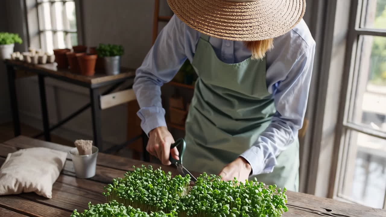 Woman Harvesting Microgreens
