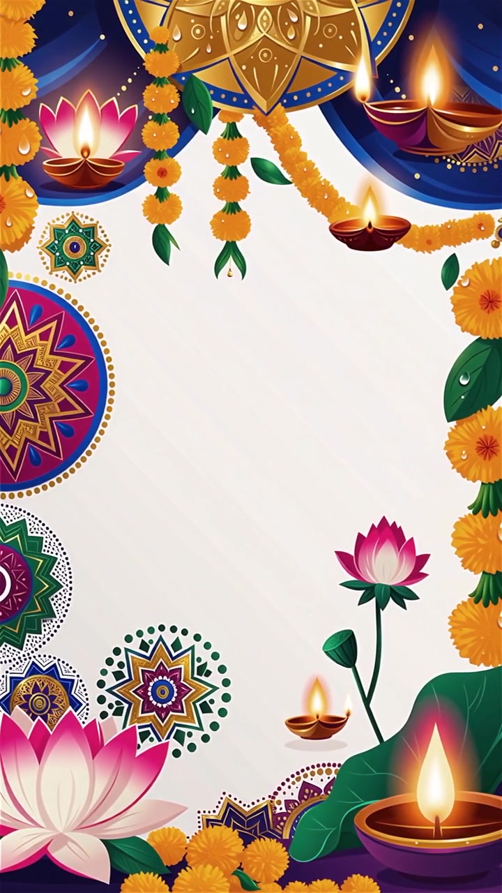 Sfondo Diwali con Diyas luminosi, Rangoli e fiori di loto