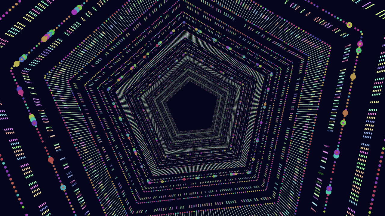 hexágonos de neón futuristas con puntos y líneas en espiral en la galaxia oscura