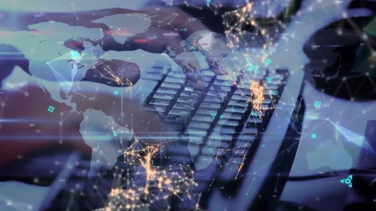 Network of connections over world map against mid section of person using computer