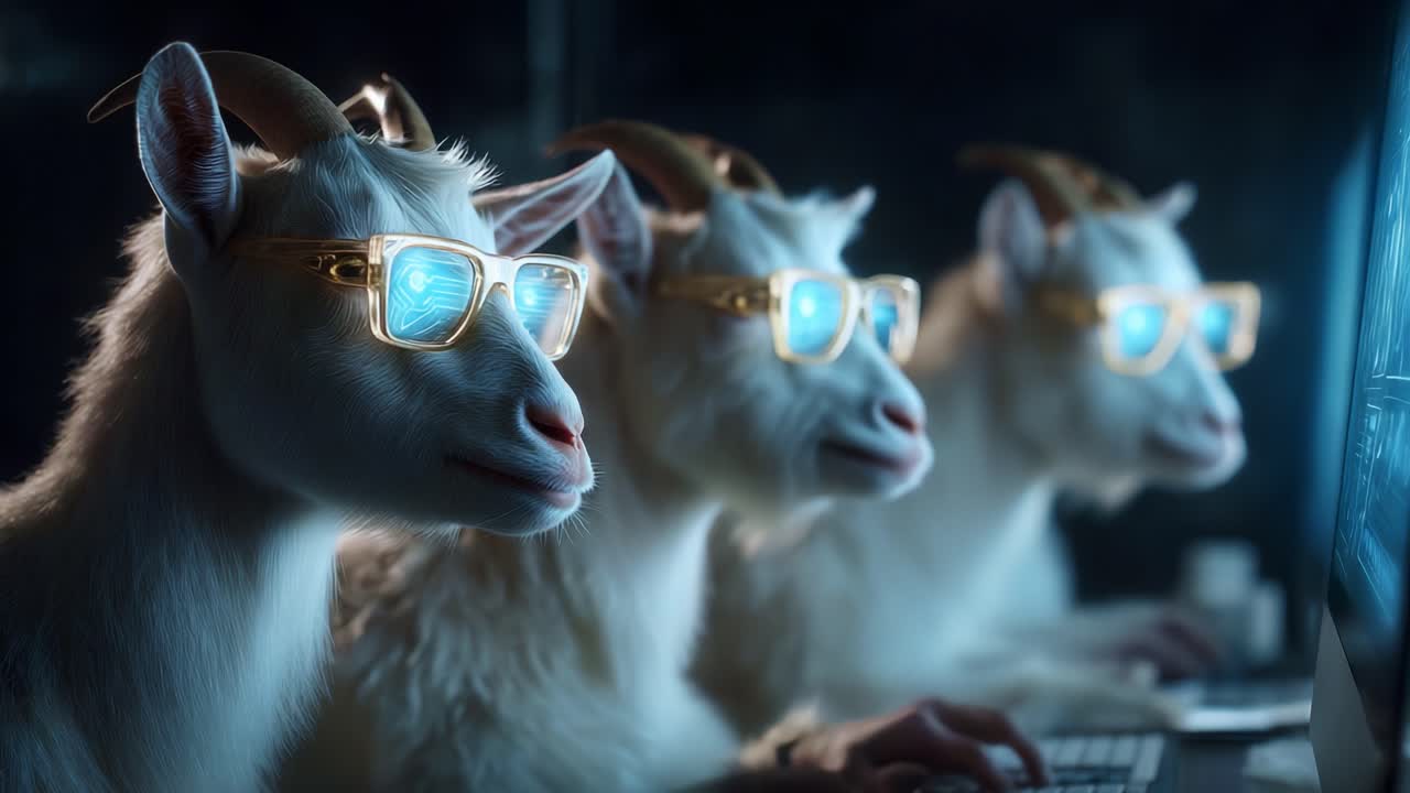 Eine unbeschwerte Szene mit drei Ziegen, die stilvolle Brillen tragen und sich mit Computern beschäftigen, wobei Humor und Technologie in einer skurrilen Atmosphäre verschmelzen