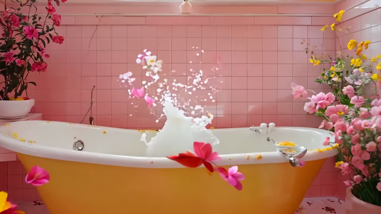 노란색 욕조와 분홍색 벽이 있는 욕실