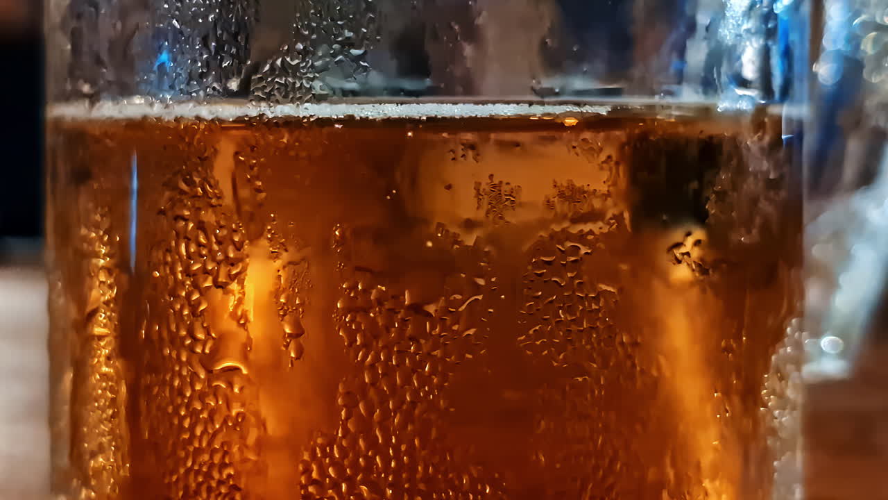Primo piano di un bicchiere freddo di birra ambrata con goccioline di condensa all'esterno.