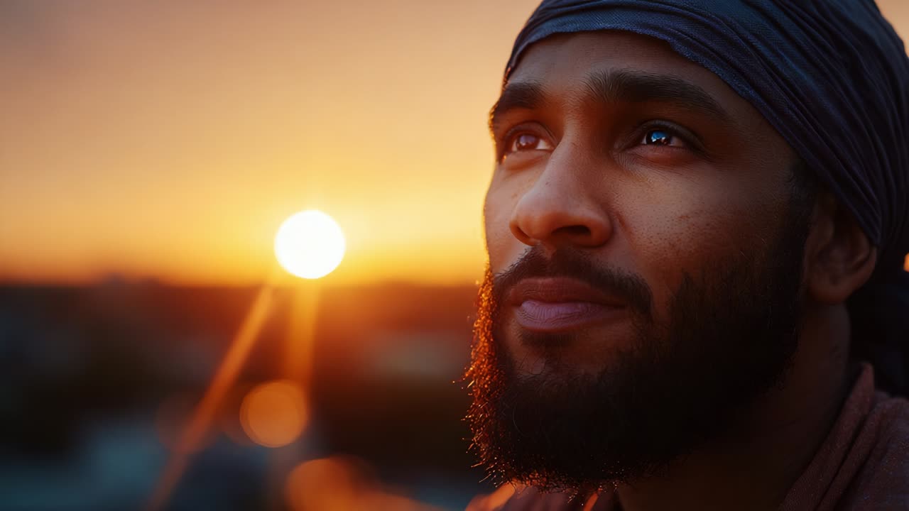 A thoughtful individual gazes towards the horizon as the sun sets, capturing a moment of reflection and serenity, with golden rays illuminating his features in a captivating sunset ambiance