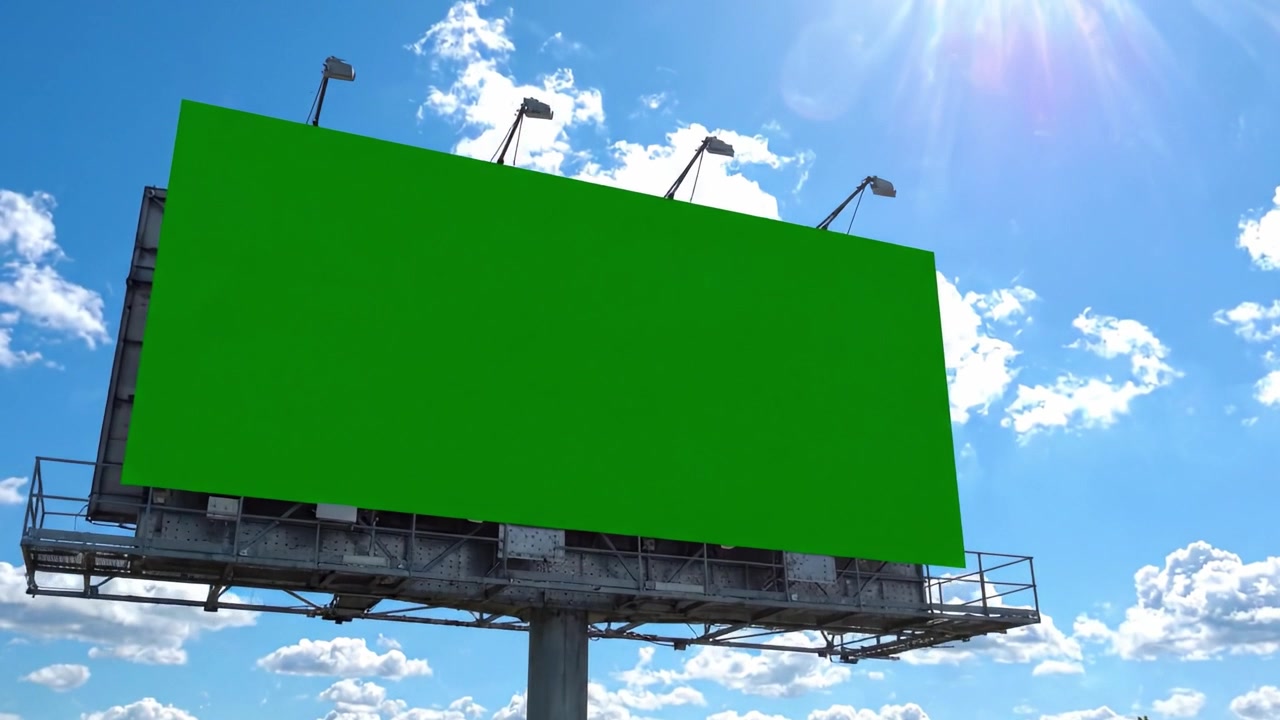 Et Levende Grønt Billboard Står Højt Mod en Smuk Himmel med Tynde Skyer og Strålende Sollys, Ideel til Fremtidige Reklamer eller Kunstneriske Udstillinger