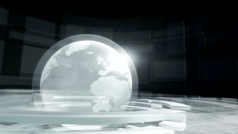 abstract digital looped motion background with rotating earth globe and circular geometric shapes.