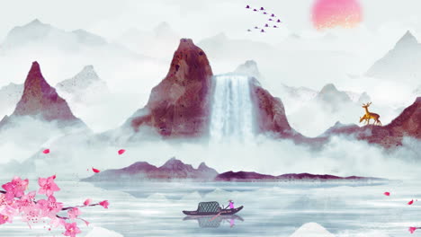 Digital art ancient landscape Painting Traditional Ink Style national boat plum blossom background
