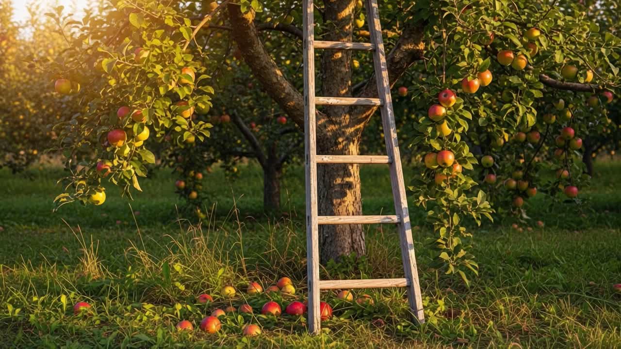 A Serene Orchard Scene with a Wooden Ladder Beneath Lush Apple Trees and Vibrant Fruits Illuminated by Golden Sunset Light
