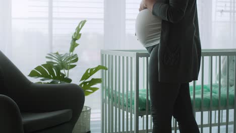 tilt up video of pregnant woman strobing her advanced abdomen.